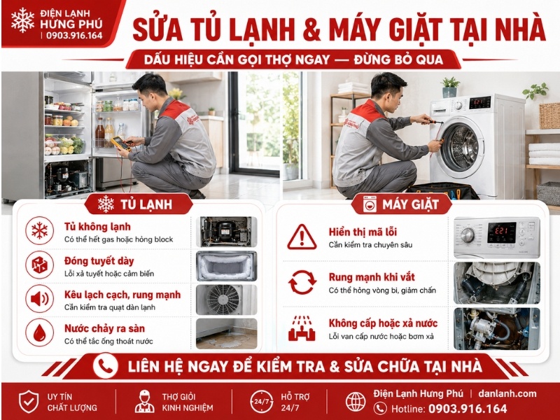 Thợ sửa tủ lạnh và máy giặt tại nhà TPHCM — Điện Lạnh Hưng Phú kiểm tra miễn phí