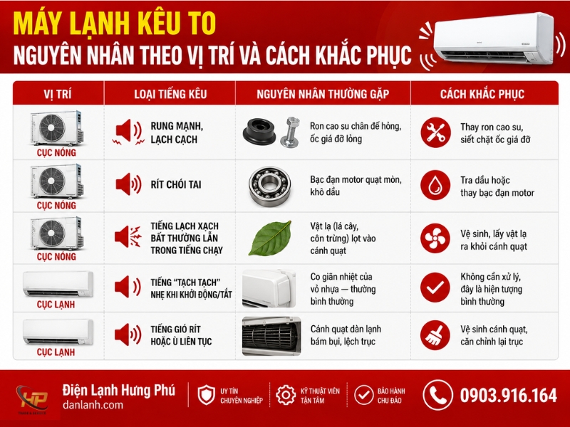 Máy lạnh kêu to — nguyên nhân và cách khắc phục — Điện Lạnh Hưng Phú TPHCM
