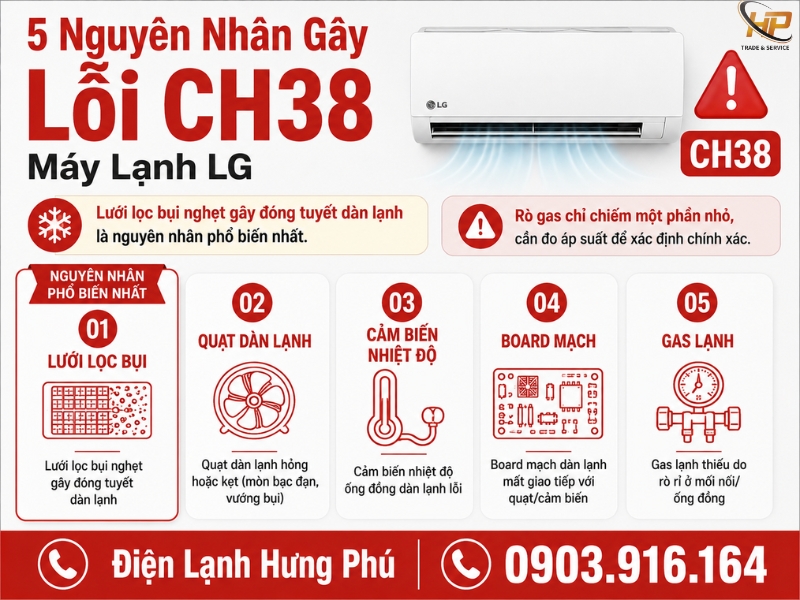 Lỗi CH38 máy lạnh LG nguyên nhân và cách khắc phục - Điện Lạnh Hưng Phú