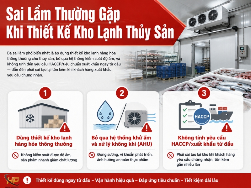Thiết kế kho lạnh thủy sản cần bảng nhiệt độ theo loại hải sản, kiểm soát độ ẩm và phòng cháy lạnh