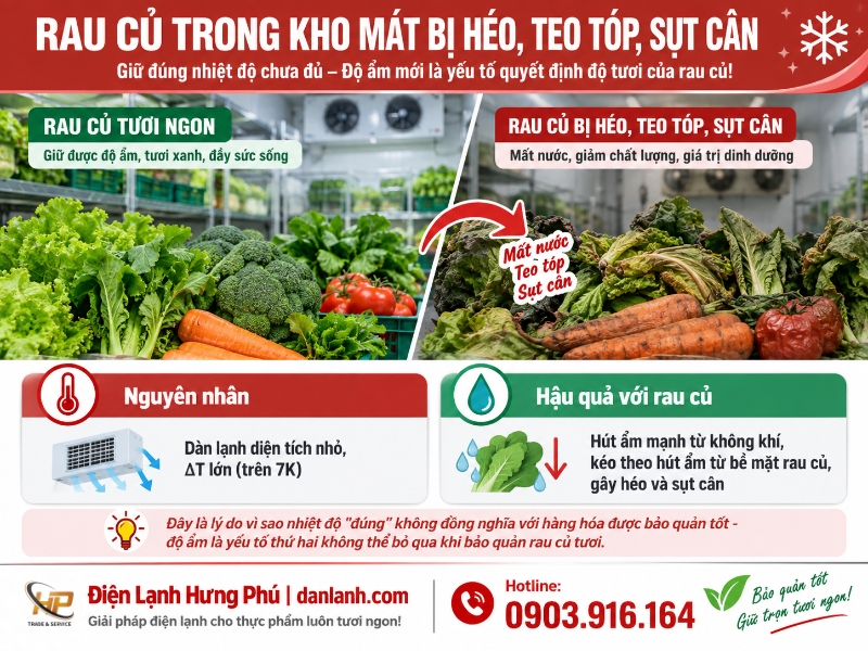 Rau củ trong kho mát bị héo, teo tóp, sụt cân dù nhiệt độ đúng cài đặt? Tìm hiểu nguyên nhân độ ẩm dàn lạnh và cách khắc phục từ Điện Lạnh Hưng Phú.