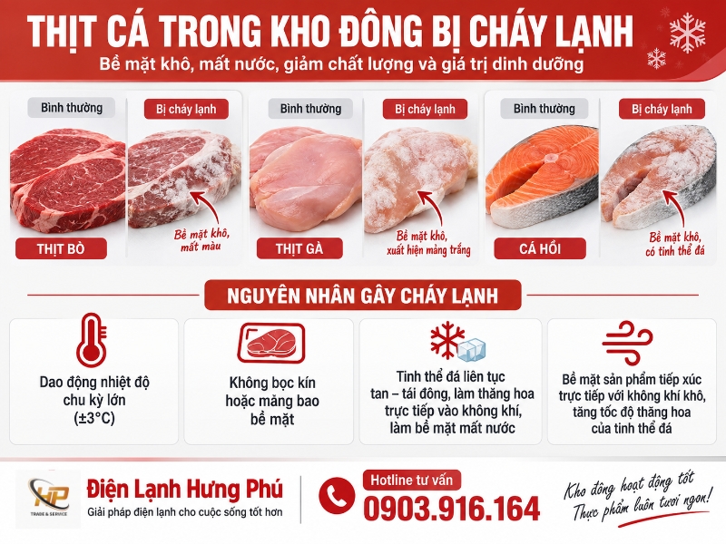 Thịt cá trong kho đông bị cháy lạnh, đổi màu xám nâu? Tìm hiểu nguyên nhân dao động nhiệt độ và cách phòng ngừa đúng chuẩn từ Điện Lạnh Hưng Phú.