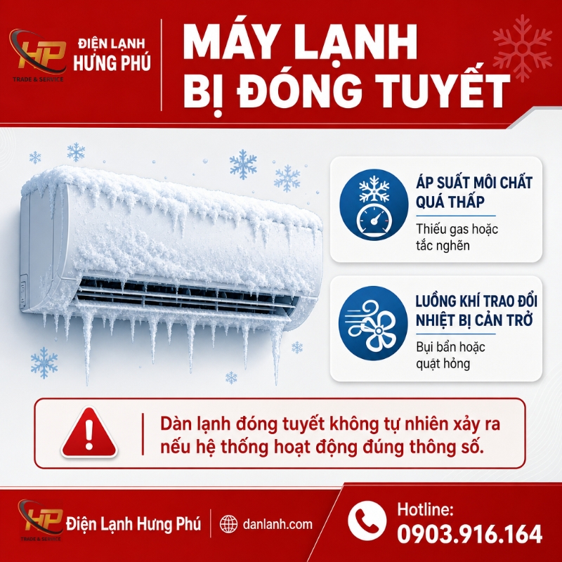 Máy lạnh bị đóng tuyết dàn lạnh — nguyên nhân và cách xử lý — Điện Lạnh Hưng Phú TPHCM
