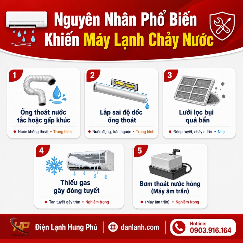 Máy lạnh chảy nước — nguyên nhân và cách khắc phục — Điện Lạnh Hưng Phú TPHCM