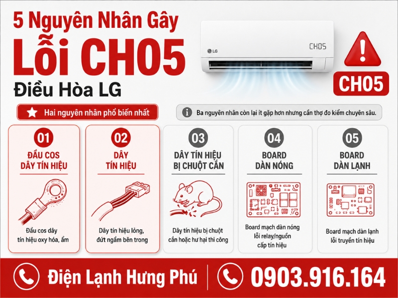 Lỗi CH05 điều hòa LG nguyên nhân và cách khắc phục - Điện Lạnh Hưng Phú