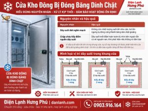 Cửa kho đông bị đóng băng dính chặt không mở được do đứt dây sưởi - Điện Lạnh Hưng Phú
