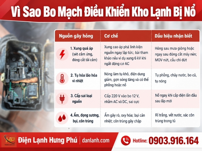 Bo mạch điều khiển kho lạnh bị nổ: 5 việc làm ngay để an toàn, 4 nguồn gây hỏng, quy trình 8 bước kiểm tra nguồn và môi trường trước khi lắp bo mới.