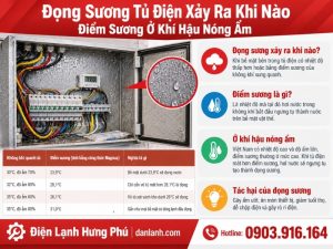 Đọng sương tủ điện kho lạnh: điểm sương ở khí hậu nóng ẩm, 3 nguồn ẩm, quy trình 8 bước, chọn điện trở sấy, thermostat hay hygrostat và đo cách điện.