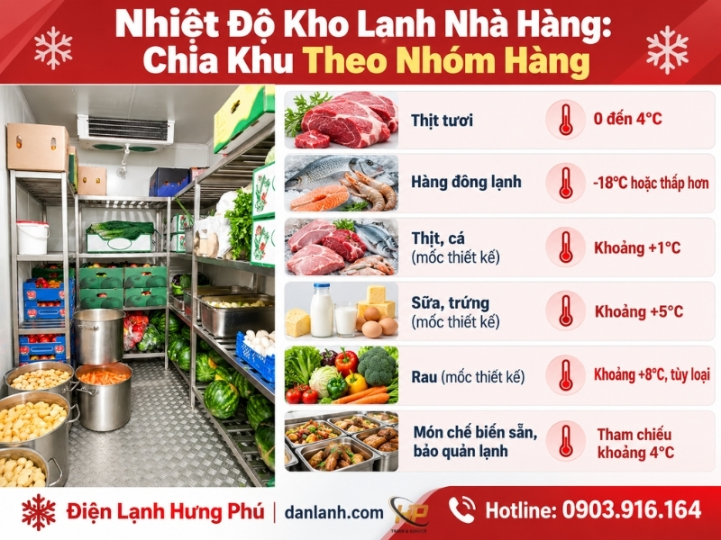 Kho lạnh nhà hàng, chuỗi F&B: cách tính diện tích từ hàng tồn, chia nhiệt độ theo nhóm hàng, làm lạnh nhanh 60-10°C theo TCVN 9772:2013, 7 bước triển khai.