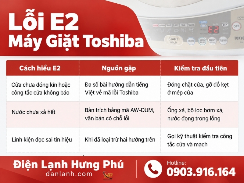 Lỗi E2 máy giặt Toshiba có nơi ghi là cửa chưa đóng kín, có nơi liên quan xả nước: 3 câu hỏi để phân biệt, cách kiểm tra cửa, ống xả và khi nào cần gọi thợ.