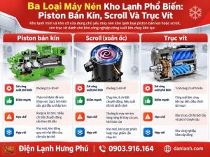 Máy nén kho lạnh là gì, có mấy loại và chọn loại nào cho kho mát, kho đông? Hưng Phú so sánh piston bán kín, scroll, trục vít và cách chọn công suất.