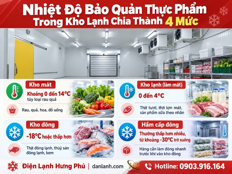 Nhiệt độ bảo quản thực phẩm trong kho lạnh theo từng nhóm hàng: thịt tươi 0-4°C, đông lạnh -18°C, rau quả theo loại. Bảng tra theo TCVN và USDA.