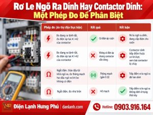 Rơ le ngõ ra bo mạch điều khiển kho lạnh bị cháy: phân biệt relay dính với contactor dính, nguyên nhân tải cảm, quy trình 8 bước và chọn sửa hay thay.